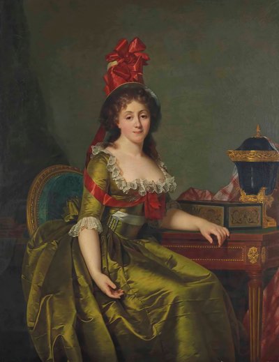 Portrett av en dame, i en grønn satengkjole og panser med røde bånd. av Rose Adelaide Ducreux