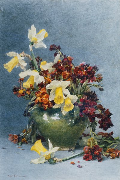 Påskeliljer og veggblomster i en grønn vase, 1890 av Rose Maynard Barton