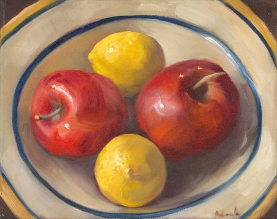 Epler og sitroner, 2016 (olje på lerret) av Rosemarie Adcock