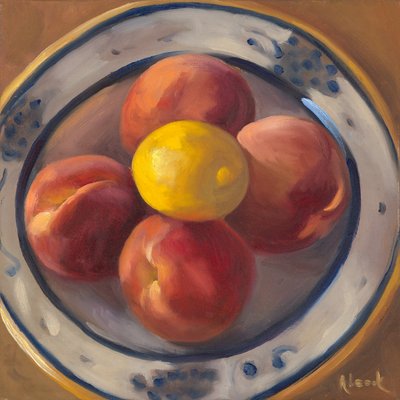 Fersken og sitron, 2016 (olje på lerret) av Rosemarie Adcock