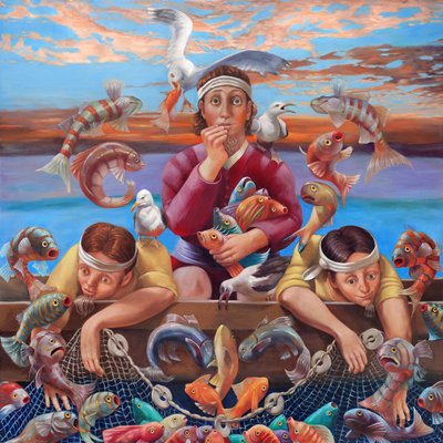 Det mirakuløse fiskedraget, 2019 (olje på lerret) av Rosemarie Adcock