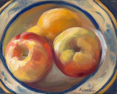 Gul pære og epler, 2017 (olje på lerret) av Rosemarie Adcock