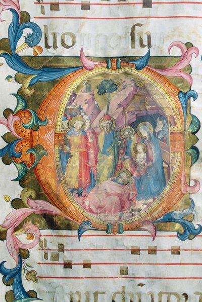 Corale / Graduale nr.5 Historikert initial "O" som viser tilbedelsen av magiene av Rossello Franchi