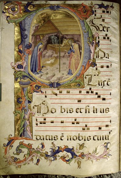 Corale / Graduale nr. 5 Historikert initial "P" som viser fødselen av Rossello Franchi