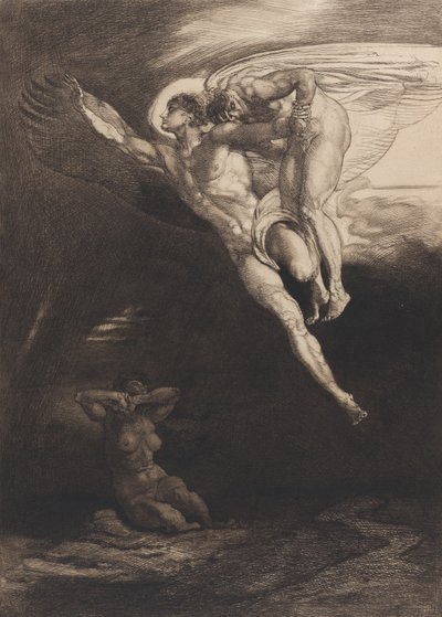 Lucifer bærer Kain opp i det endelige rommet, fra åtte etsninger på Byrons Kain, ..., 1919-1920. av Rudolf Jettmar