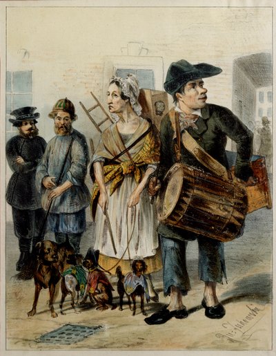 A Servant Takes The Dogs Out - Kunstverk av Rudolf Kasimirovich Zhukovsky (1814-1886), akvarell og blekk på papir av Rudolf Kasimirovich Zhukovsky