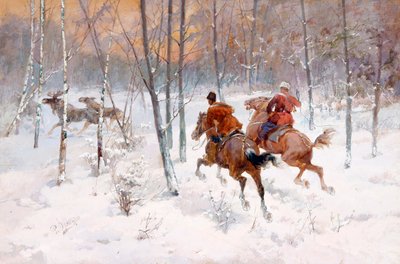 Elgjakt - Elgjakt av Frenz, Rudolf Ferdinandovich (1831-1918), - Akvarell, Gouache på papir, 39,5x60 - Privat samling av Rudolph Frenz