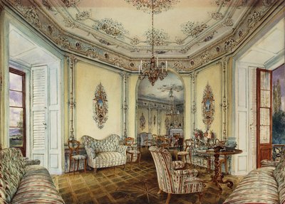 Innvendig utsikt over salongen til et slott i Obertwaltersdorf; Innvendig utsikt over en salong i Obertwaltersdorf slott, av Rudolf von Alt