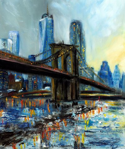 Utsikt over Manhattan fra Brooklyn Bridge, 2022 (olje på lerret) av Ruslana Levandovska