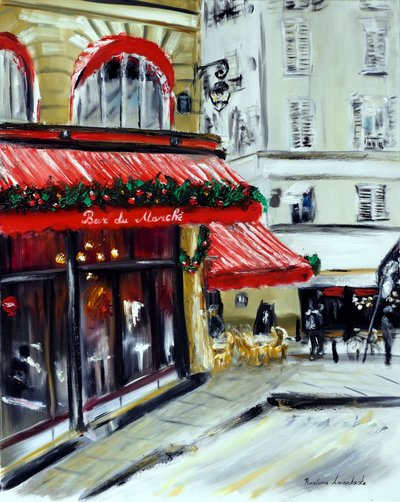 Jul på Bar Marche Paris, 2021 (olje på lerret) av Ruslana Levandovska