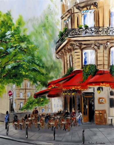 Paris Corner Cafe - med gullutsmykning, 2023 (olje på lerret) av Ruslana Levandovska