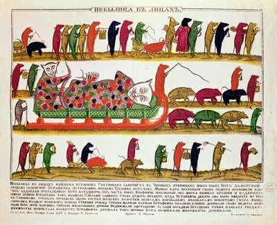 Begravelse av en katt av musene, karikatur av tsar Peter den store (1672-1725) 1850 av Russian School