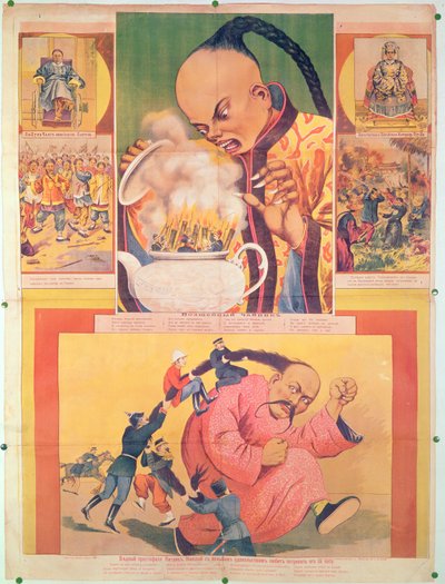 Komisk russisk plakat som satirerer europeerne i Kina, trykt i Moskva, Russland, 1900 av Russian School