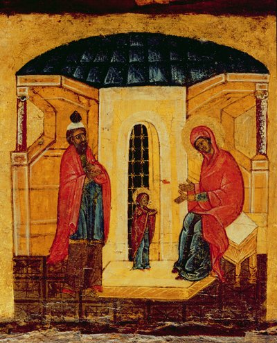 Ikon som viser Jesus i tempelet, ca. 1550 (tempera og bladgull på panel) (detalj av 314500) av Russian School