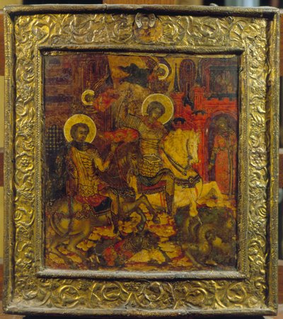 Ikon som viser St. George og St. Demetrius, ca. 1676 (tempera på panel) av Russian School