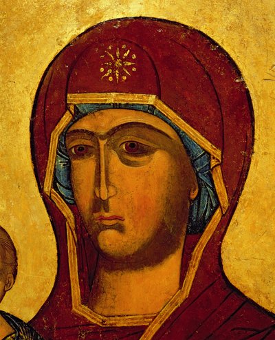 Ikon som viser hodet til jomfruen, ca. 1550 (tempera og bladgull på panel) (detalj av 314500) av Russian School