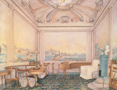 Interiør i resepsjonsrommet i en herregård, 1840-50-tallet (wc på papir) av Russian School
