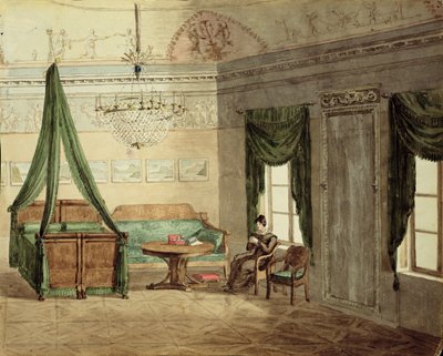 Nyklassisk sengekammer, 1819 (wc på papir) av Russian School