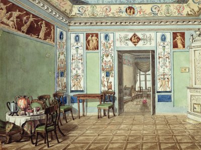 Nyklassisk etruskisk frokostrom, 1820 (wc på papir) av Russian School