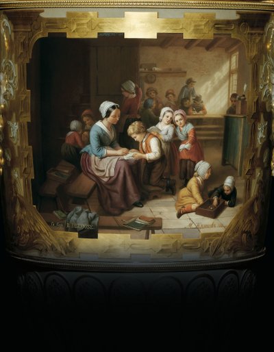 Malt detalj fra en Alexander II-vase i porselen og bladgull med to håndtak, som viser en skolestuescene etter B, 1866 av Russian School