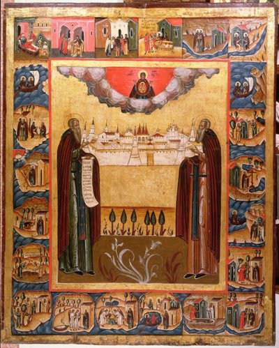 De hellige Zosimus og Sabbatheus fra Solovetsk med scener fra deres liv, 1700-tallet (tempera på panel) av Russian School