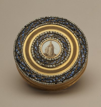 Snusboks med senere miniatyr av et monument til Katarina II, av Johann Gottlieb Scharff, St. Petersburg, 1776 (gull, emalje og edelstener av Russian School