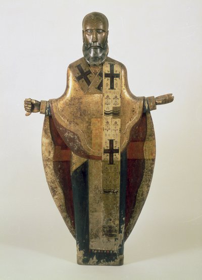 Statue av St. Nicholas av Mozhaisk, russisk, sent på 1500-tallet (tre, ornamentert brokade, gesso, tempera) av Russian School