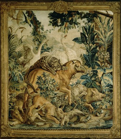 Tapestry som viser ville dyr som kjemper ved et vannhull, kopi fra Indian Carpet-serien designet av D. Deport, 1757 og laget av St. Petersburg Tapestry Factory (tekstil) av Russian School