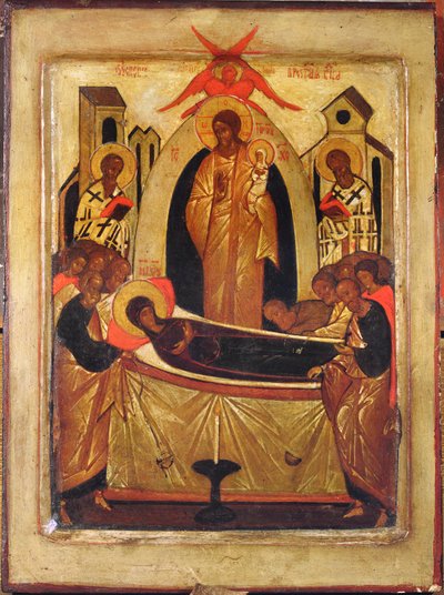 The Dormition of the Virgin (tempera og bladgull på panel) av Russian School