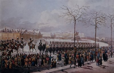 The Insurrection of the Decembrists på Senate Square, St. Petersburg 14. desember 1825 (wc på papir) av Russian School