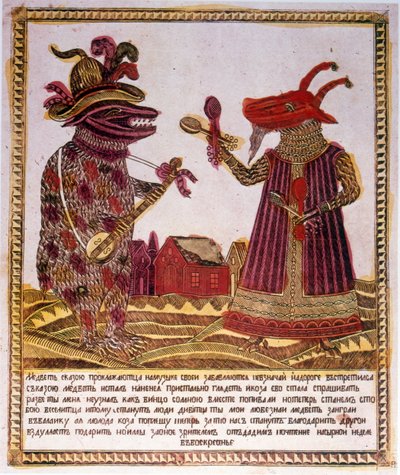 Tradisjonelt fargetresnitt Illustrasjon av en historie om en bjørn og en geit. Russisk ca. 1830 (gravering) av Russian School