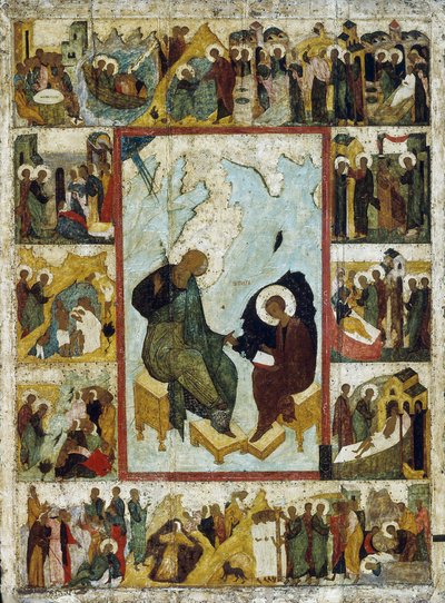 Evangelisten Johannes på Patmos med scener fra hans liv, tidlig på 1500-tallet. av Russian icon.