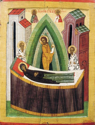The Dormition of the Virgin, tidlig på 1400-tallet. av Russian icon.