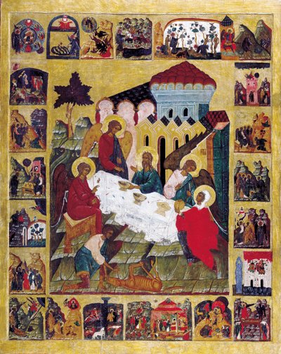 Det gamle testamentets treenighet med scener fra 1. Mosebok, c1580. av Russian icon.