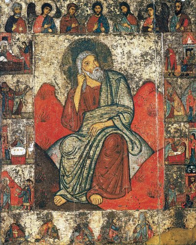 Profeten Elia i villmarken med scener fra hans liv og Deesis, 13.- første tredjedel av 14. av Russian icon.