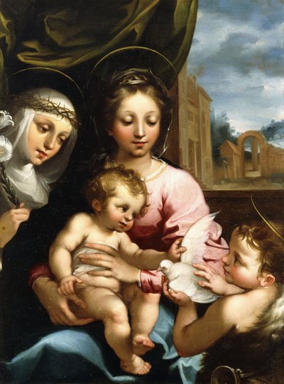 Madonnaen og barnet med spedbarnet Døperen Johannes og den hellige Katarina av Siena, ca. 1597-1612 av Rutilio Manetti