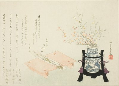 Røde og hvite plommeblomster med diktslipp av Ryuryukyo Shinsai