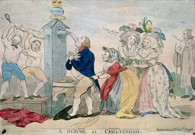 En scene i Cheltenham. Satirisk tegneserie, pub. 1788 av S.W. Fores