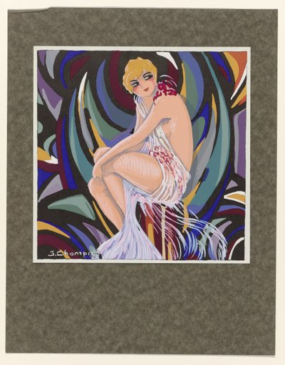 Femmes Modernes, 1926: Sittende kvinne, med draperi. av S Chompré