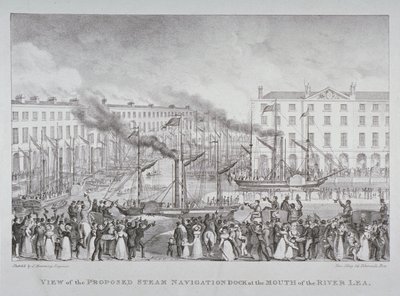 Utsikt over den foreslåtte dampnavigasjonsdokken ved munningen av elven Lea, ca. 1835 av S. Hemming