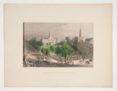 The Park and City Hall, New York, illustration for Nathaniel Parker Willis   1349627   no       norwegian Successfully Translated  Original: Dancers and Performers Page from a Sketchbook, c. 1911. Translat: Dancers and Performers Page from a Sketchbook, c. av S. Lacey