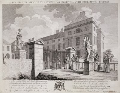 Et perspektivbilde av Foundling Hospital med emblematiske figurer, 1749 av S. Vale