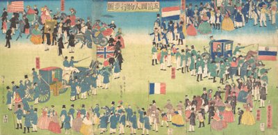 Prosesjon av mennesker fra fem land: Holland, Russland, Frankrike, England og Amerika, 1861., av Sadahide Utagawa
