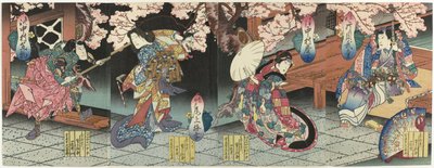 Fire skuespillere under kirsebærblomst av Sadanobu (I) , Hasegawa