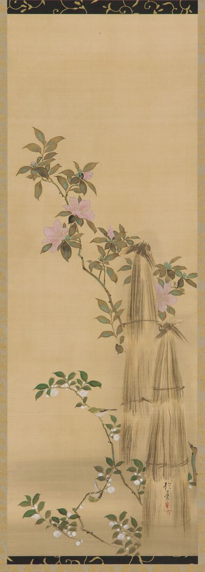 Rosa og hvite blomster og stråbelegg, Edo-perioden, 1761-1828. av Sakai Hoitsu