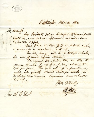 Brev signert S.P. Chase, Washington, til W.G. Eliot, 31. mars 1862 av Salmon P. Chase
