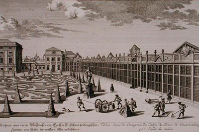Utsikt over et av orangeriene i hagen til prinsen av Schwarzenberg, Wien, gravert av Georg-Daniel Heumann (1691-1759), publisert ca. 1724-37 (gravering) (se også 170855) av Salomon (after) Kleiner