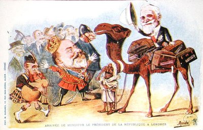 Karikatur av ankomsten av den franske republikkens president, Emile Loubet (1838-1929) i London i 1903 (farge litho) av Salomon Assus