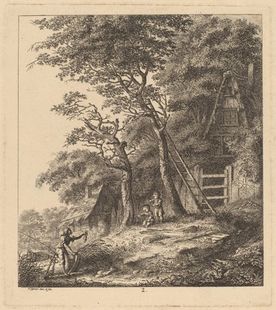 En fisker og to barn i et landskap med hytter med stråtak, 1764. av Salomon Gessner