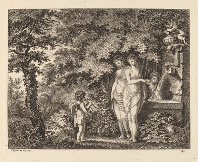 Eros med tre jenter ved en fontene, 1770. av Salomon Gessner